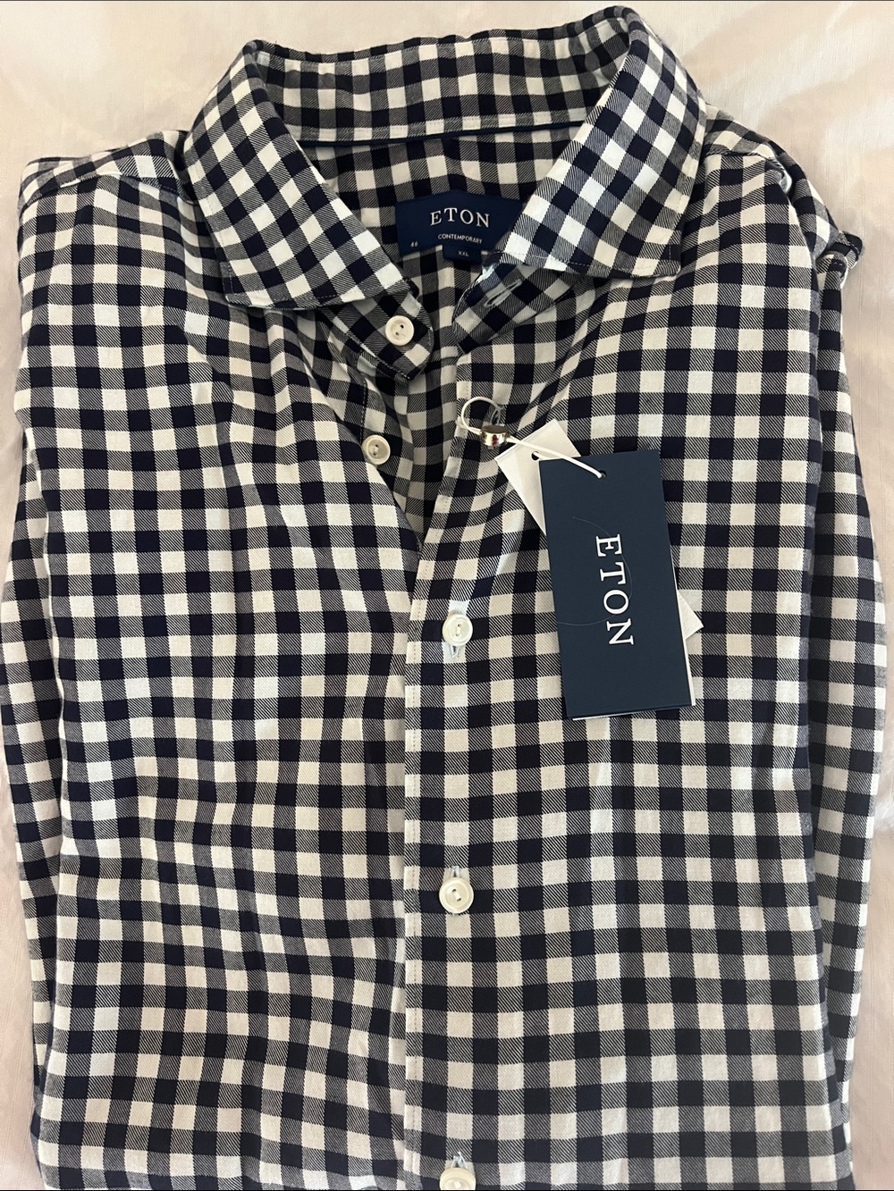 Eton Navy and White Gingham Cotton Button-Down Shirt